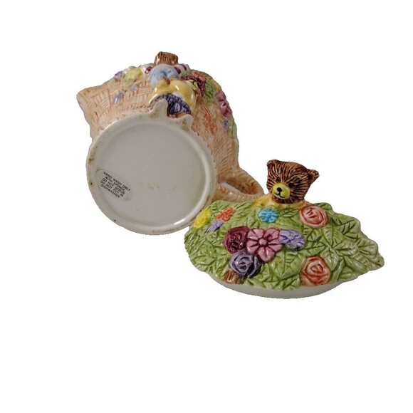 Vintage Teddy Bear Cubs Teapot Floral Basket Roses Ceramic Novelty 7" x 6.5" - Picture 7 of 9